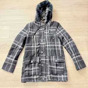Matix Plaid Hooded Jacket with Removable Faux Fur Trim Sz S